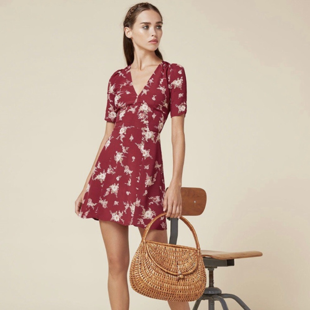 Reformation Rhoda Floral Red Mini Dress 0 V Neck